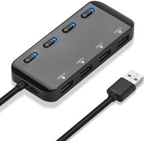 img 4 attached to 🖥️ Black USB Splitter Hub 3.0 - 4 Port Non-Slip Data Hub with Smart Charging, Individual On/Off Blue LED Switches, Ideal for Mouse, Keyboard, PC, USB Flash, Mobile HDD