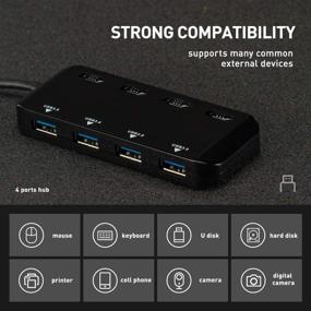 img 2 attached to 🖥️ Black USB Splitter Hub 3.0 - 4 Port Non-Slip Data Hub with Smart Charging, Individual On/Off Blue LED Switches, Ideal for Mouse, Keyboard, PC, USB Flash, Mobile HDD