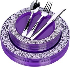 img 4 attached to 🍽️ FOMOICA Purple Silver Plastic Plates and Silverware: 125-Piece Set for Elegant and Hassle-Free Parties, Weddings, Christmas, and Birthdays!