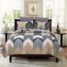 img 4 attached to 🛏️ YAYIDAY Oversize Queen Bedspreads Quilt Set - Peach Skin Fabric - Breathable Coverlet with Pillow Shams - Geometric Modern Black Grey Taupe White Chevron Pattern