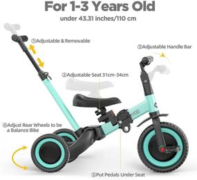 img 2 attached to 🚲 Newyoo 5-in-1 Toddler Tricycle with Parent Steering Push Handle for 1, 2, 3 Years Old Boys and Girls, Kids Push Trike with Removable Pedals, Adjustable Seat and Handle - Blue