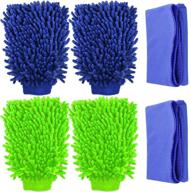 🧤 yucool 4 pack car wash mitts: waterproof microfiber gloves for scratch-free, high density, ultra-soft washing - use wet or dry with 2 cleaning clothes in green and blue logo