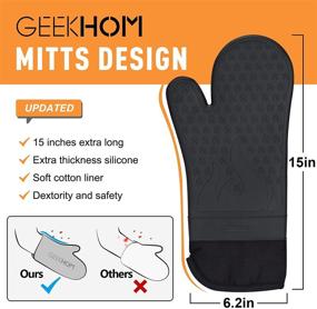 img 2 attached to 🔥 GEEKHOM Extra Long Silicone Oven Mitts: Heat Resistant Kitchen Mittens with Quilted Liner & Non-Slip Grip - 15 Inches, 500°F Hot Mitt Gloves for Cooking & Baking - Machine Washable (Black)