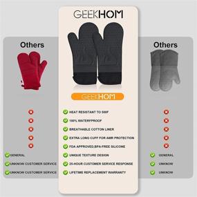 img 3 attached to 🔥 GEEKHOM Extra Long Silicone Oven Mitts: Heat Resistant Kitchen Mittens with Quilted Liner & Non-Slip Grip - 15 Inches, 500°F Hot Mitt Gloves for Cooking & Baking - Machine Washable (Black)