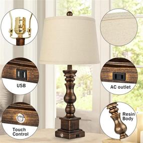 img 2 attached to 🏡 Farmhouse Rustic Table Lamps Set of 2 with Touch Control, Dimmable 3-Way Resin Retro Bedside Nightstand Lights - Oatmeal Tapered Drum Shade for Bedroom, includes 2 USB Ports and Outlet