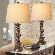 🏡 farmhouse rustic table lamps set of 2 with touch control, dimmable 3-way resin retro bedside nightstand lights - oatmeal tapered drum shade for bedroom, includes 2 usb ports and outlet логотип