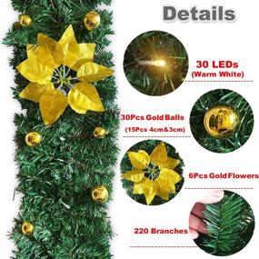 img 2 attached to 🎄 IronBuddy 9ft Lighted Christmas Garland Artificial Pine Garland with 30 LEDs, 6 Flowers, and 30 Ball Ornaments. Greenery Mantle Garland for Christmas, Holiday Party, Wedding, and Home Decor (Gold)