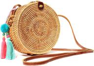 👜 boho bali wicker crossbody handbag: handwoven round rattan bag with leather shoulder strap and two pockets logo