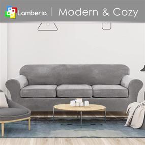 img 3 attached to 🛋️ Lamberia High Stretch Sofa Cover for 2 Cushion Couch - Loveseat Cover Set with 3-Pieces - Thick &amp; Washable Plush Velvet Slipcover - Furniture Protector for Dogs, Pets &amp; Kids - Loveseat-M Size - Elegant Silvergray