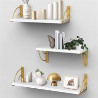 📚 wall mounted white floating shelves with stylish yellow gold camber metal brackets - set of 3 white shelves for bedroom, bathroom, living room, and kitchen logo