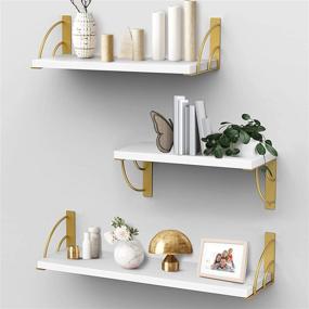 img 4 attached to 📚 Wall Mounted White Floating Shelves with Stylish Yellow Gold Camber Metal Brackets - Set of 3 White Shelves for Bedroom, Bathroom, Living Room, and Kitchen