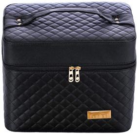 img 1 attached to 👜 Sooyee Makeup Bag: 4-Layer Foldable Tray with Mirror and Side Opening - Black Cosmetic Travel Bag for Women