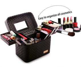 img 3 attached to 👜 Sooyee Makeup Bag: 4-Layer Foldable Tray with Mirror and Side Opening - Black Cosmetic Travel Bag for Women