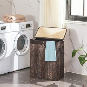 img 3 attached to 🐼 SONGMICS Double Laundry Hamper with Lid: Divided Bamboo Basket with Removable Liner, Two-Section Collapsible Sorter - 100L Rustic Brown