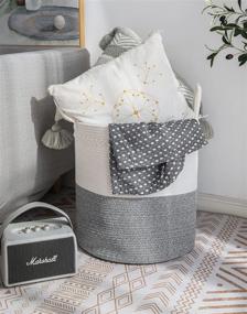 img 1 attached to 🧺 Favibes Decorative Woven Rope Laundry Basket - Extra Large Storage Hamper for Blankets, Throws, Pillows, Clothes, Toys in White and Mixed Grey - 16"x16"x19