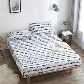 img 2 attached to Navy Blue/Grey Shark Print Twin Cotton Fitted Bed Sheet by BuLuTu - Deep Pocket, White, Breathable, Durable, and Comfortable - High-Quality Single Bottom Sheet for Twin Bed - (Pillowcases Not Included)