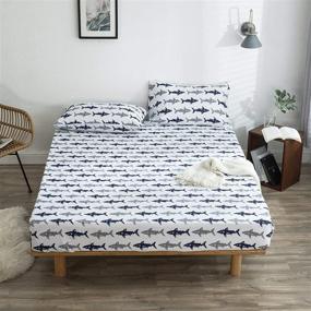 img 3 attached to Navy Blue/Grey Shark Print Twin Cotton Fitted Bed Sheet by BuLuTu - Deep Pocket, White, Breathable, Durable, and Comfortable - High-Quality Single Bottom Sheet for Twin Bed - (Pillowcases Not Included)