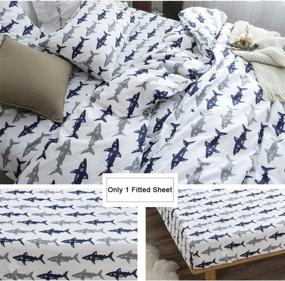 img 1 attached to Navy Blue/Grey Shark Print Twin Cotton Fitted Bed Sheet by BuLuTu - Deep Pocket, White, Breathable, Durable, and Comfortable - High-Quality Single Bottom Sheet for Twin Bed - (Pillowcases Not Included)