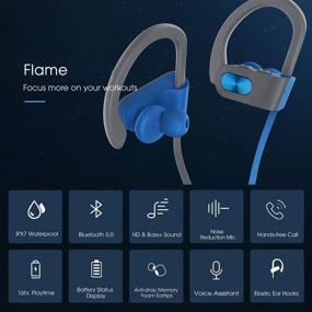 img 3 attached to 🔥 Flame Running Headphones V5.0 - 16 Hrs Playtime, Bass+ HD Stereo, IPX7 Waterproof Earbuds - Bluetooth Headphones for Workout, Gym - CVC6.0 Noise Cancelling Mic - Blue