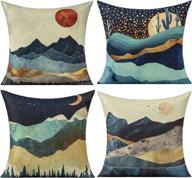 🏞️ vakado outdoor spring pillow covers: blue mountains sunrise scenery decorative cushion cases with watercolor sun, moon, forest, and cactus designs for couch, sofa, bedroom, office - 18x18 pack of 4 logo