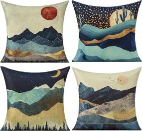 img 4 attached to 🏞️ VAKADO Outdoor Spring Pillow Covers: Blue Mountains Sunrise Scenery Decorative Cushion Cases with Watercolor Sun, Moon, Forest, and Cactus Designs for Couch, Sofa, Bedroom, Office - 18x18 Pack of 4