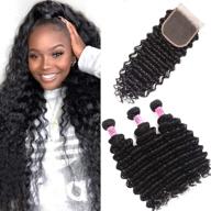 💇 unice hair icenu series 8a brazilian deep wave virgin hair 3 bundles with 4x4 lace closure - natural color (20 22 24+18) logo