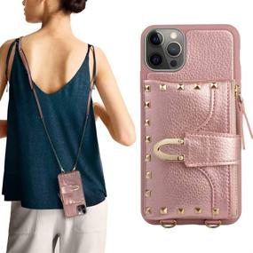 img 4 attached to 💼 ZVE Rivet Wallet Case for iPhone 12 &amp; iPhone 12 Pro with Zipper Card Slot Holder Crossbody Shoulder Chain Leather Handbag Purse - Rose Gold, Compatible with 6.1" iPhone 12 Pro/iPhone 12