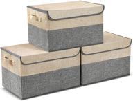 📦 e-manis foldable storage bins with lids (set of 3) | storage boxes with lids | baskets for organizing toys, clothes, and books (15.7 x 11 x 9.8 inches, grey and beige) logo