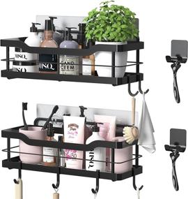 img 4 attached to 🚿 Carwiner Shower Caddy Bathroom Shelf 2-Pack, SUS304 Stainless Steel Rack Wall Mounted Storage Organizer for Kitchen - Black, with 8 Hooks for Hanging Shampoo and Conditioner, No Drilling Required