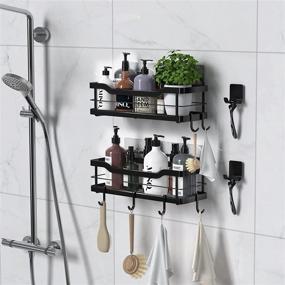 img 3 attached to 🚿 Carwiner Shower Caddy Bathroom Shelf 2-Pack, SUS304 Stainless Steel Rack Wall Mounted Storage Organizer for Kitchen - Black, with 8 Hooks for Hanging Shampoo and Conditioner, No Drilling Required