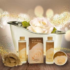 img 3 attached to 🌹 Премиум набор для женщин "White Rose Jasmine" для SPA - коллекция для ванны и тела в роскошной золотой ванне с гелем для душа, пеной для ванны, лосьоном для тела, солью для ванны с жасмином и поролоном - признан как набор для ванны и тела, удостоенный наград.