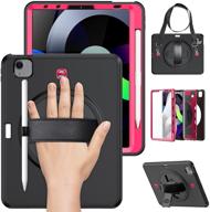 📱 timecity case for ipad air 4 (10.9 inch), pencil holder, screen protector, rotating handle/shoulder strap stand - compatible with ipad pro 11 inch 2020/2018 - rose+black logo