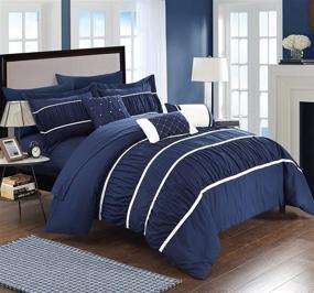 img 3 attached to Chic Home Cheryl Comforter Set with Pleated Ruched Ruffled 🛏️ Bedding, Sheet Set, and Decorative Pillows Shams Included - Queen Size (Navy)