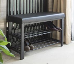 img 4 attached to 👞 Finnhomy Entryway Shoe Rack with Cushioned Seat: 2 Shelves Storage Bench w/Faux Leather Top Bed Bench, Black – Organize and Complement Your Entry Space!