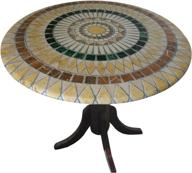 36-48 inch round elastic edge fitted vinyl table cover with tuscan tile pattern in brown tan logo
