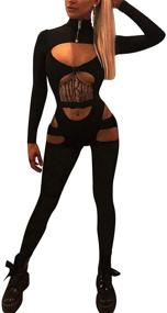 img 1 attached to 🔥 Womens Hollow Out Bodycon Buckle Jumpsuit with High Neck, Long Sleeves, Biker Short - Sexy Club Bodysuit Rompers by MALCIKLO