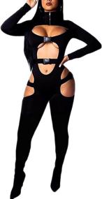 img 4 attached to 🔥 Womens Hollow Out Bodycon Buckle Jumpsuit with High Neck, Long Sleeves, Biker Short - Sexy Club Bodysuit Rompers by MALCIKLO