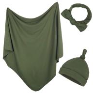 owlowla newborn swaddle and headband set: jersey cotton swaddle hat set for baby boy girl - olive logo