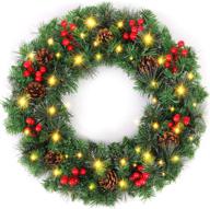 🎄 lasperal 24 inch traditional pre-lit christmas wreath with lights, balls, snowflakes, red berries, pine cones - battery operated 40 lights - ideal for front door décor логотип