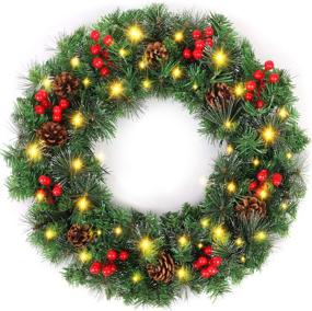 img 4 attached to 🎄 LASPERAL 24 Inch Traditional Pre-lit Christmas Wreath with Lights, Balls, Snowflakes, Red Berries, Pine Cones - Battery Operated 40 Lights - Ideal for Front Door Décor