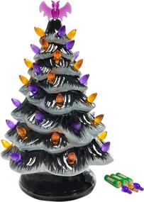 img 4 attached to 🎃 2021 Sunlit Cordless Lighted Ceramic Halloween Tree Tabletop Decoration - Pre-Lit 12'' Orange & Purple Mini LED Bulbs, AA Battery Operated, Black Gray