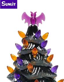 img 2 attached to 🎃 2021 Sunlit Cordless Lighted Ceramic Halloween Tree Tabletop Decoration - Pre-Lit 12'' Orange & Purple Mini LED Bulbs, AA Battery Operated, Black Gray