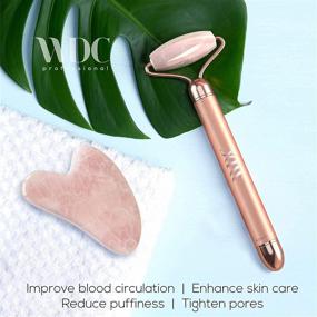 img 3 attached to 🌹 WDC 3-in-1 Vibrating Rose Quartz Face Roller Set with Gua Sha Jade Stone - Authentic Natural Crystal for Facial Skin Massaging, Eye Massage; Reducing Wrinkles, Puffiness & Enhancing Packaging