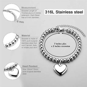 img 2 attached to 💎 Jewelry Kingdom: Elegant Heart Charm Necklace Bracelet for Women and Girls - 6mm Silver Bead Ball Chain in Durable Stainless Steel