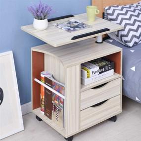 img 3 attached to 🛏️ Qiveno Nightstand: Height Adjustable Bedside Table with Drawers, Side Magazine Rack, and Mobile Wheels - White Maple Finish