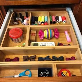 img 4 attached to Bamboo Junk Drawer Organizer with 6 Storage Box Dividers - 🎍 8 Compartment Tray Holder for Craft, Sewing, Office, Bathroom, Kitchen and More!