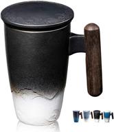 🍵 suyika tomotime ceramic tea cup with infuser and lid - tea mugs with wooden handle, 13.5oz/400ml, elegant black design logo