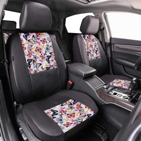 img 2 attached to 🦋 CAR-GRAND Universal Fit Stylish Butterfly and Floral PU Leather Car Seat Covers with Zipper Design - Full Set Package, Airbag Compatible (Black/Pink)