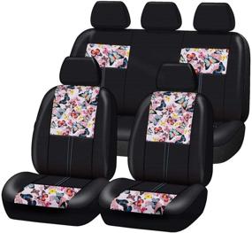 img 4 attached to 🦋 CAR-GRAND Universal Fit Stylish Butterfly and Floral PU Leather Car Seat Covers with Zipper Design - Full Set Package, Airbag Compatible (Black/Pink)