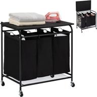 🧺 hollyhome 3-bags laundry sorter cart with foldable ironing board: rolling heavy-duty hamper with removable bags and mobile brake caster in black логотип